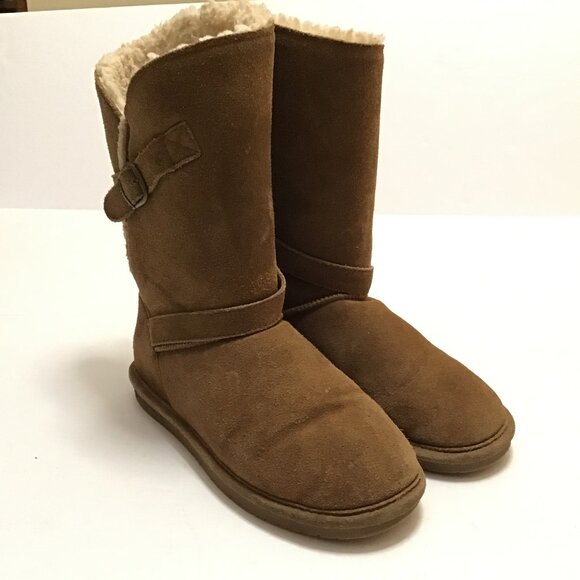 Bearpaw Tatum Brown Round Toe Suede Boots Womens Size 8 Sheepskin Lining - Picture 2 of 5